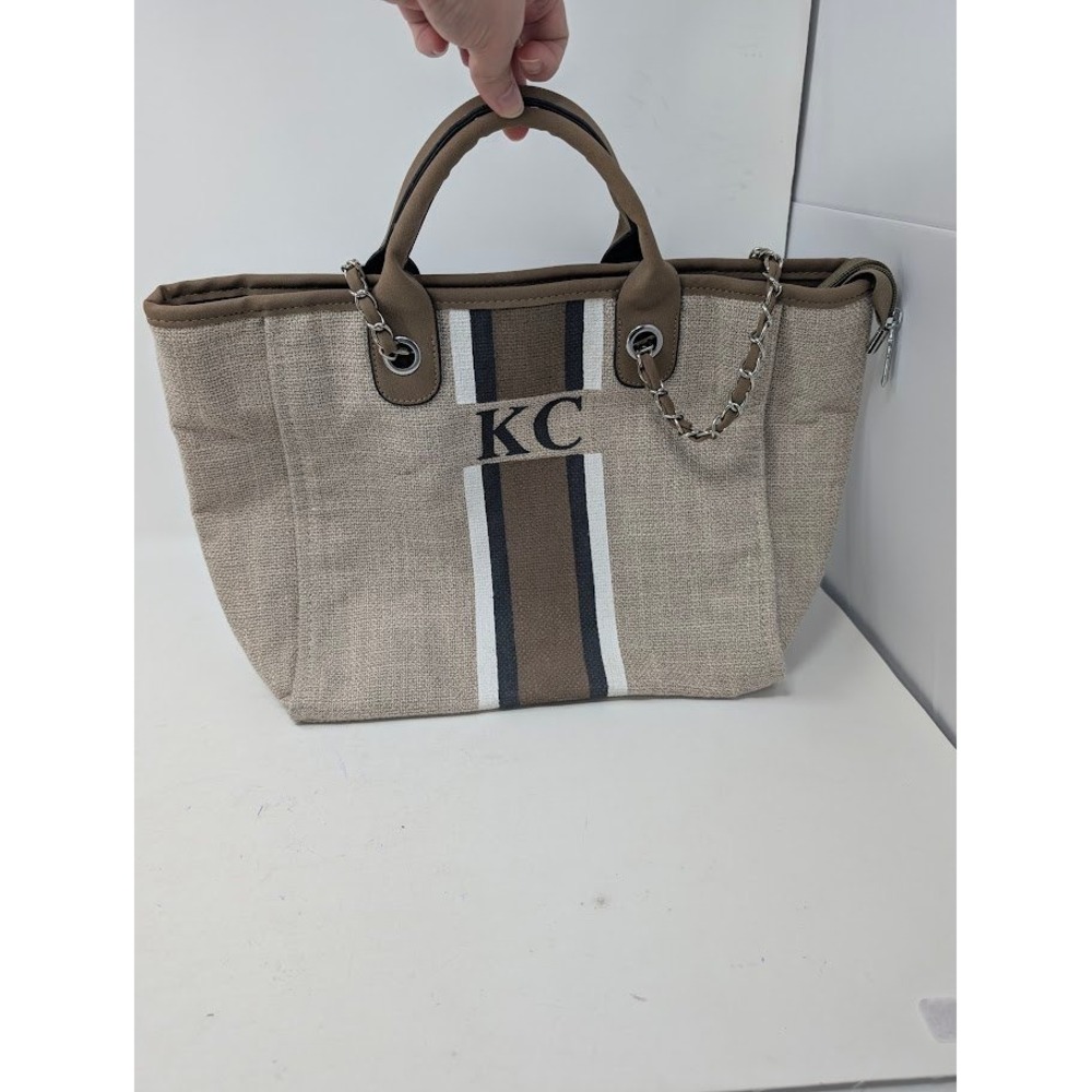 Lily & Bean London Canvas Tote Bag Monogram KC Striped Chain Handle Beige